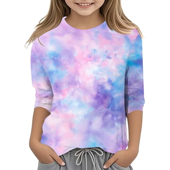 Hienoo Toddler Girls Tie Dye T-Shirt 3/4 Sleeve Crew Neck T Shirt Versatile Casual Tshirt