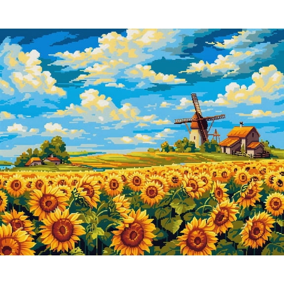 Field of Sunflowers and Windmill DIY 11CT Stamped Cross Stitch Kits for Beginners Easy Needlepoint Embroidery Counted Cross Stitch Art Craft for Wall Decoration 12x16inch(1)