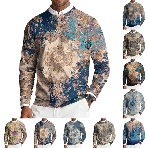 Men's Round Neck Long Sleeve Ribbed Knit Pullover, Retro Texture Print Sweater for Fall Winter, Versatile Top for Multiple Occasions,Beige,L