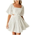 thumbnail image 2 of Usmixi Summer Dresses for Women Short Sleeve Square Neck Solid Mini Sun Dress Empire Waist Cut-out Flowy Ruffle Swing Skater Dresses White XL Up to 65% off, 2 of 6