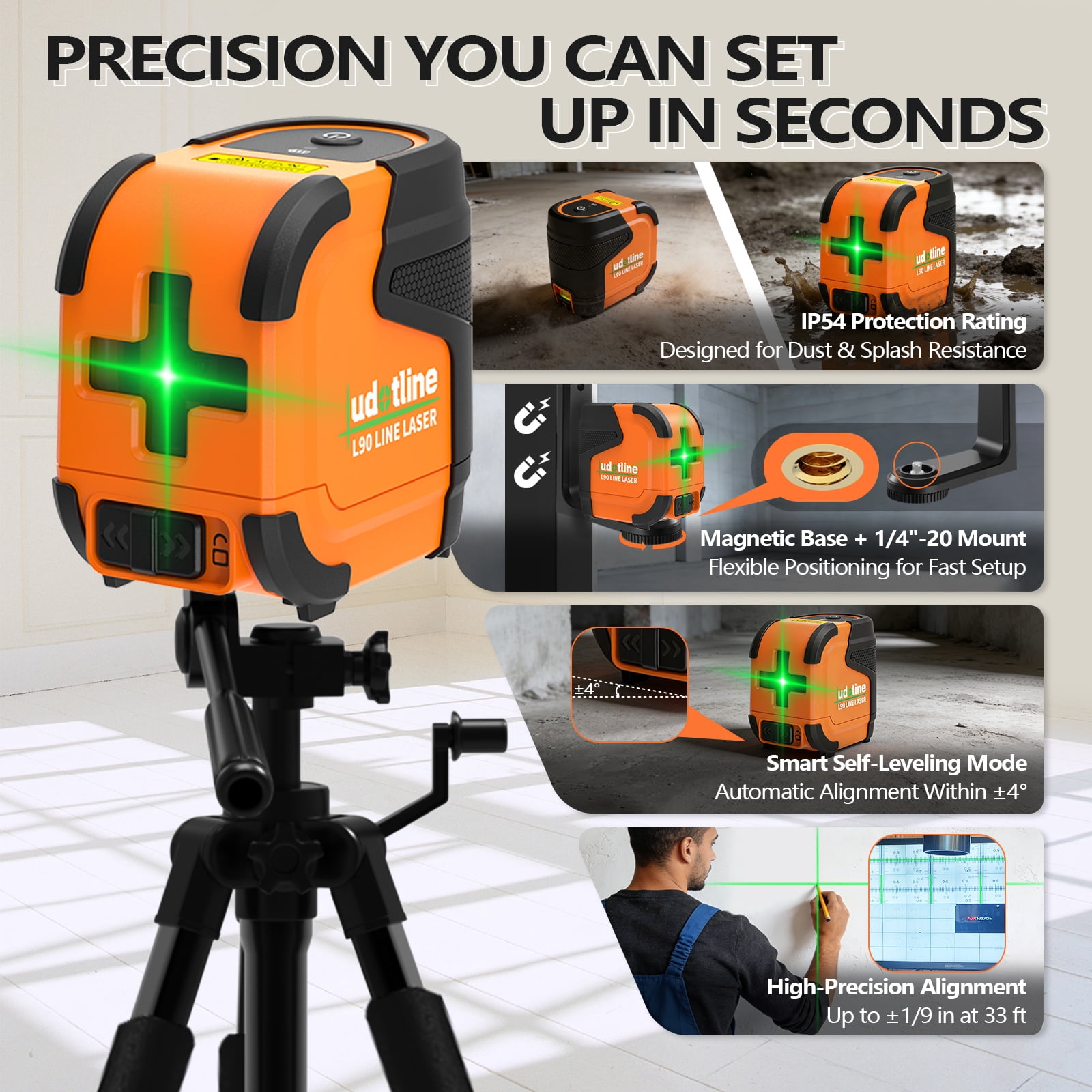 L90 Pocket Green Laser Level – Compact and Durable Self-Leveling Cross-Line Laser with Pendulum Lock, Withstands 4-FT Drops. Ideal for Picture Hanging, Cabinets, Tile, and DIY Home Projects  (Tripod)