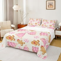 Homewish Kawaii Pink Xams Tree Queen Sheet Sets, Cartoon Gingerbread Man Flat Sheet, Merry Christmas Queen Fitted Sheet, Luxury Bedroom Decor, 4 Pieces