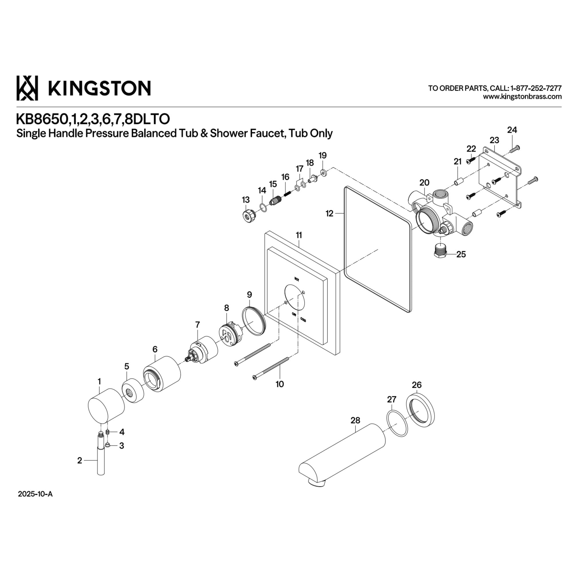 Kingston Brass KB8657DLTO Concord Single-Handle Pressure Balanced Tub Faucet in Brushed Brass