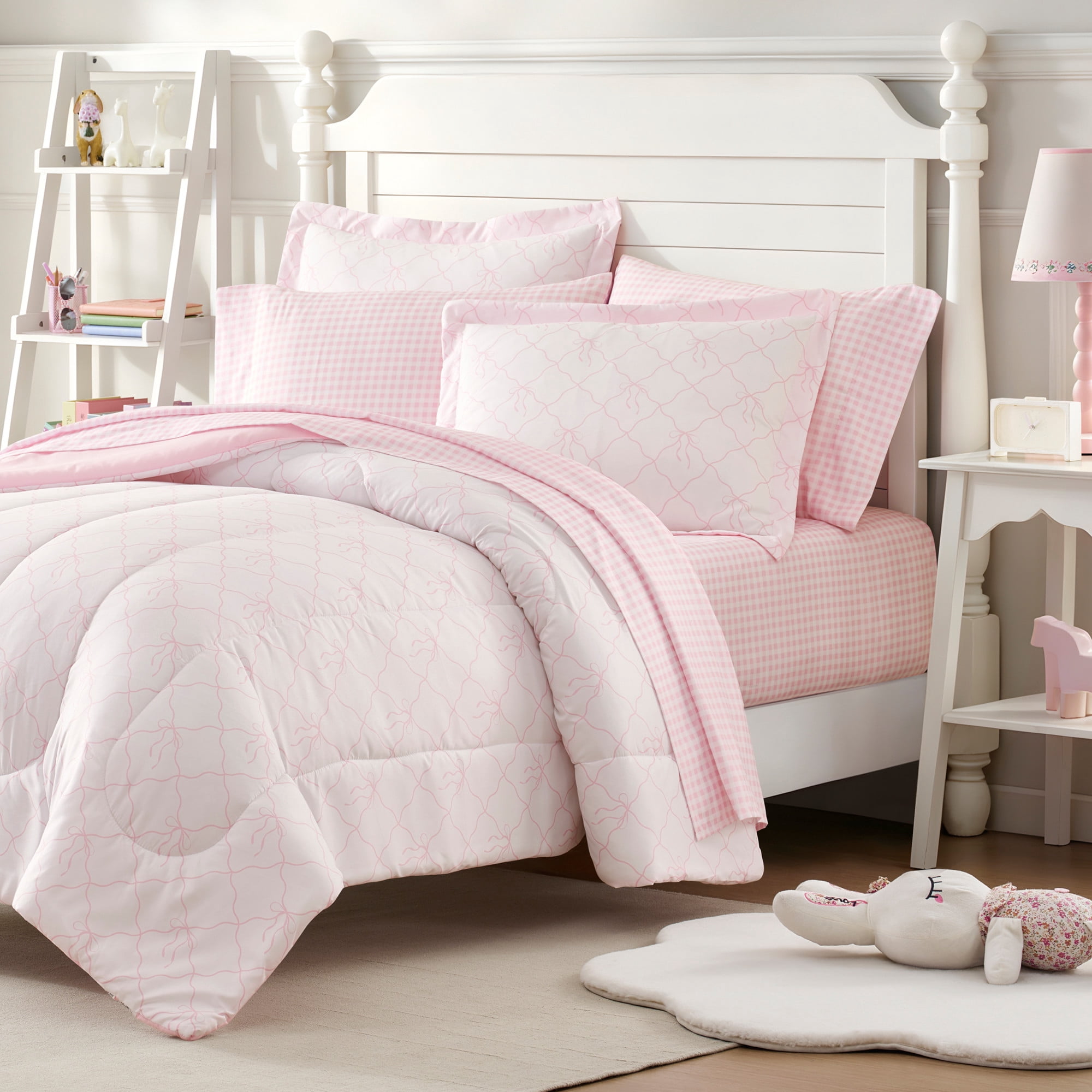 Dream Factory 7-Piece Bow Trellis Bed in a Bag, Pink, Full