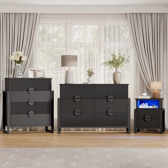 Holliwill 3 Piece Dresser Nightstand Set, Modern Bedroom Furniture Set, Wide 6 Drawer Dresser, 4 Drawer Dresser & 2-Drawer Nightstands with Outlets LED Lights, Chest of Drawers for Bedroom, Black