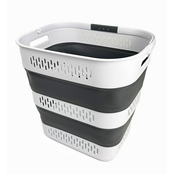 SAMMART Cesta plegable de plástico para la colada de 40 l (10,5 galones) con asas – Contenedor/organizador de almacenamiento plegable – Cesto para la colada portátil – Ahorro de espacio (1, blanco/gri