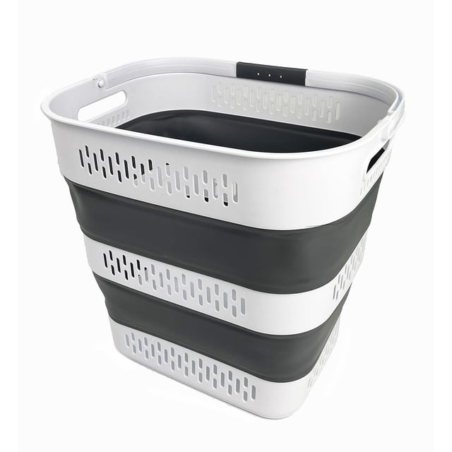 SAMMART Cesta plegable de plástico para la colada de 40 l (10,5 galones) con asas – Contenedor/organizador de almacenamiento plegable – Cesto para la colada portátil – Ahorro de espacio (1, blanco/gri