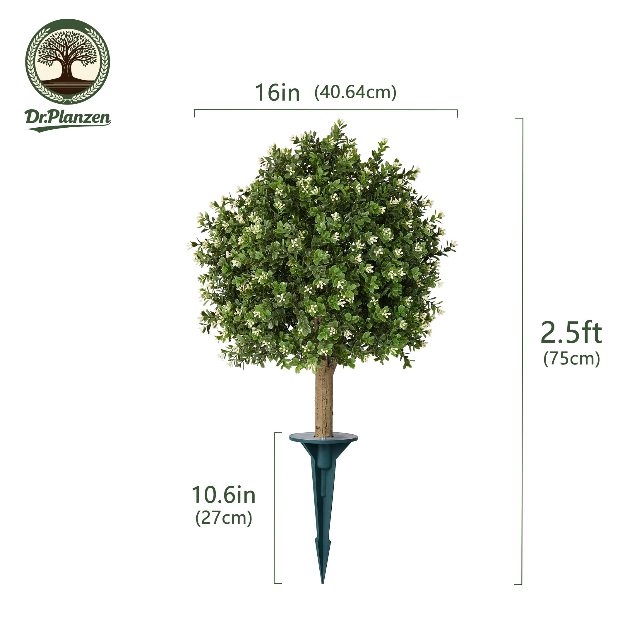 DR.Planzen 16'' Artificial Boxwood Topiary Ball Plant with White Flowers, Fake Flowering Shrub with Ground Spike, UV Resistant Faux Outdoor Greenery for Garden Porch Decor