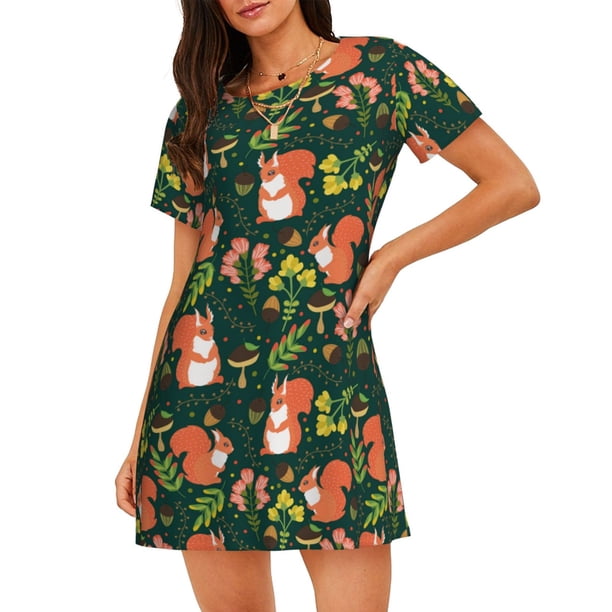 Disketp Forest Squirrel para Camisón Corto de Manga Corta para Mujeres, Camisón Cómodo con Escote Redondo, Bonito y Confortable