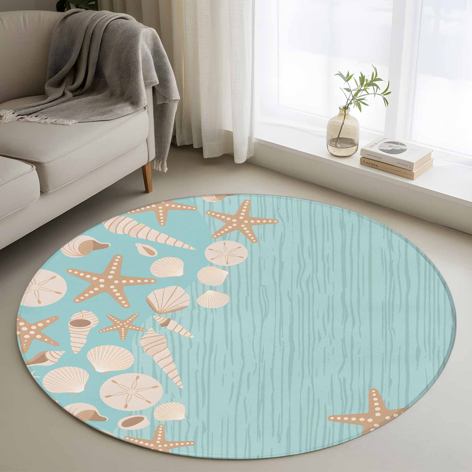 Round Area Rug 4ft Summer Starfish Shell Non-Shedding Washable Area Rug Abstract Striped on Green Background Non Slip Low-Profile Circle Rugs for Living Room Bedroom Dining Room