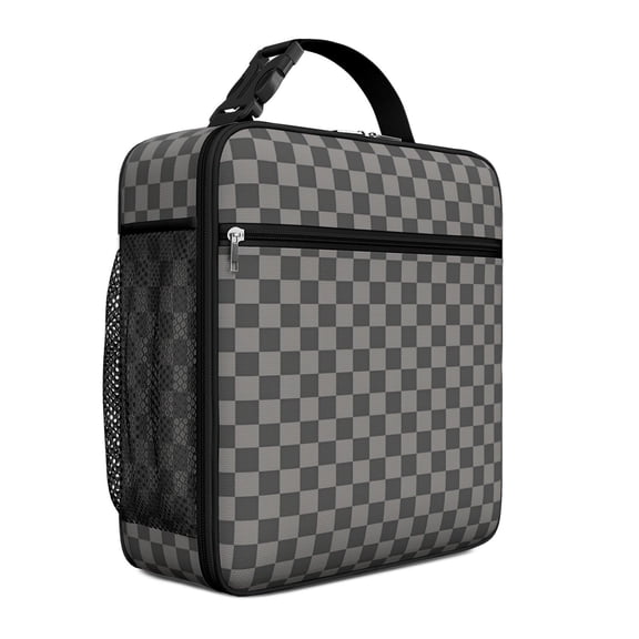 Gray and Black Checkered Pattern Insulated Lunch Bag Teens,Lunch Box for Men Women for Work,Picnic or Travel,10.2x9.5x4.3 Inches,8 Can Capacity