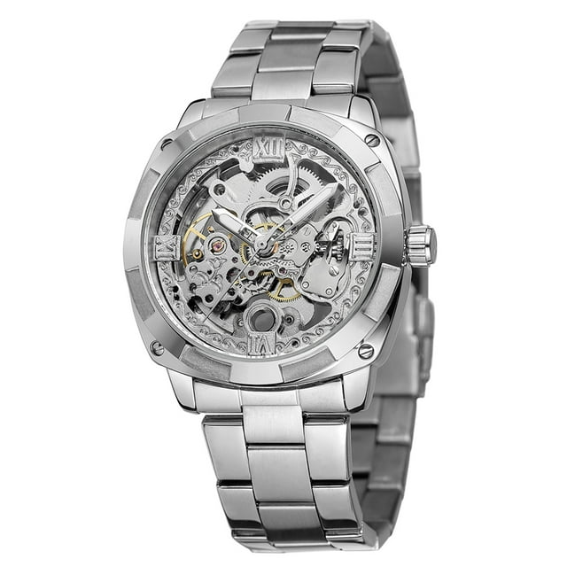 FORSINING Montre Automatique Rétro de Luxe pour Homme avec Cadran Squelette, Bracelet en Acier Inoxydable Étanche, Argent, Sac OPP Inclus