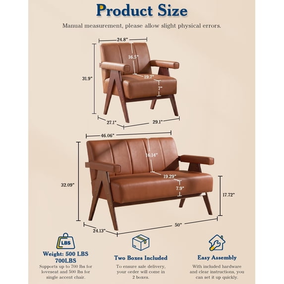 LAZZO 50" Faux Leather Couch Set, 3-Piece Set with 1 Loveseat and 2 Accent Chairs with Wooden Armrests for Living Rooms & Offices, Brown