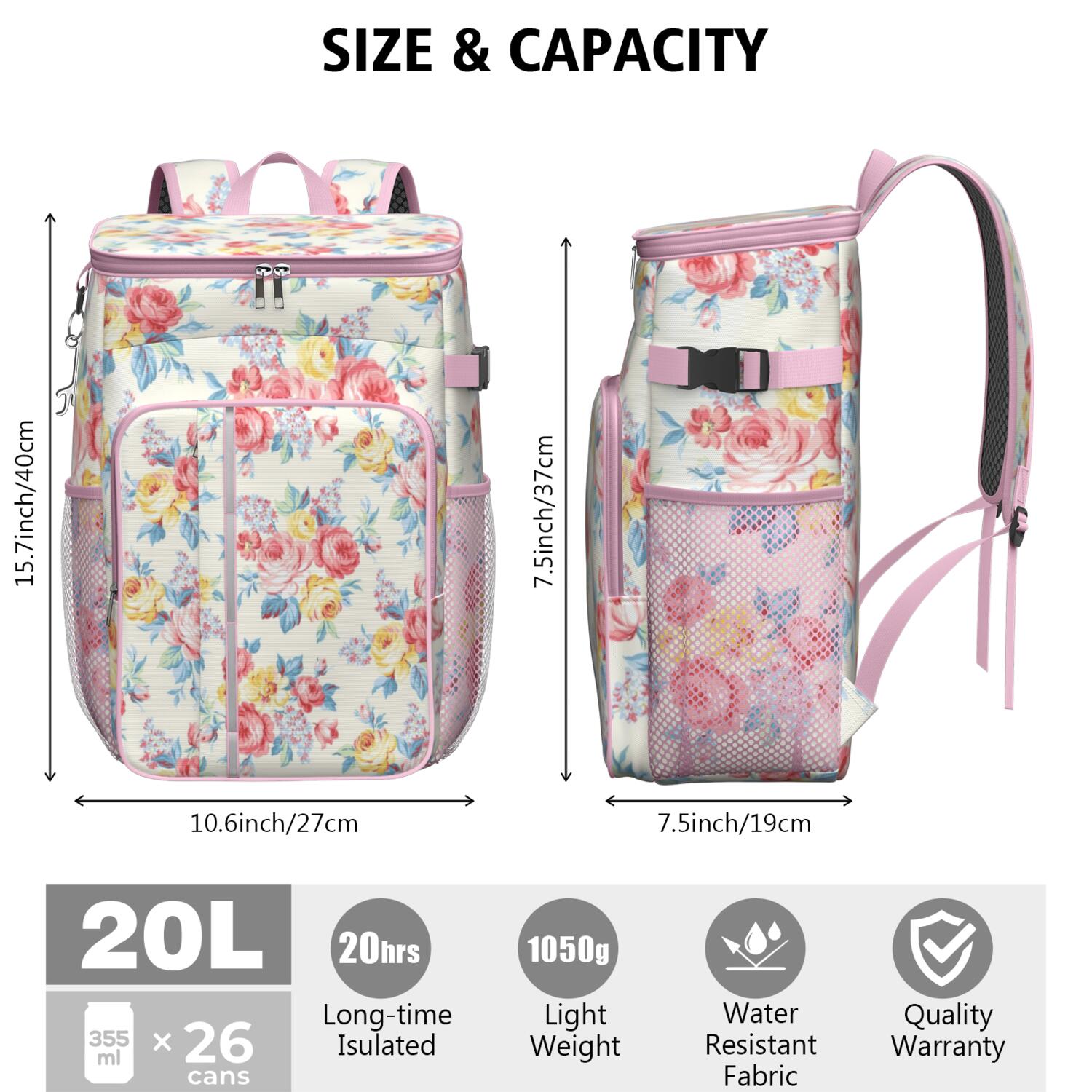 Travel Cooler Bag - Pioneer Flower Floral Print Pattern Camping Beer Cooler Backpack with Bottle Opener- Waterproof Insulated Picnic Backpacks - Cooler Bag for Beach