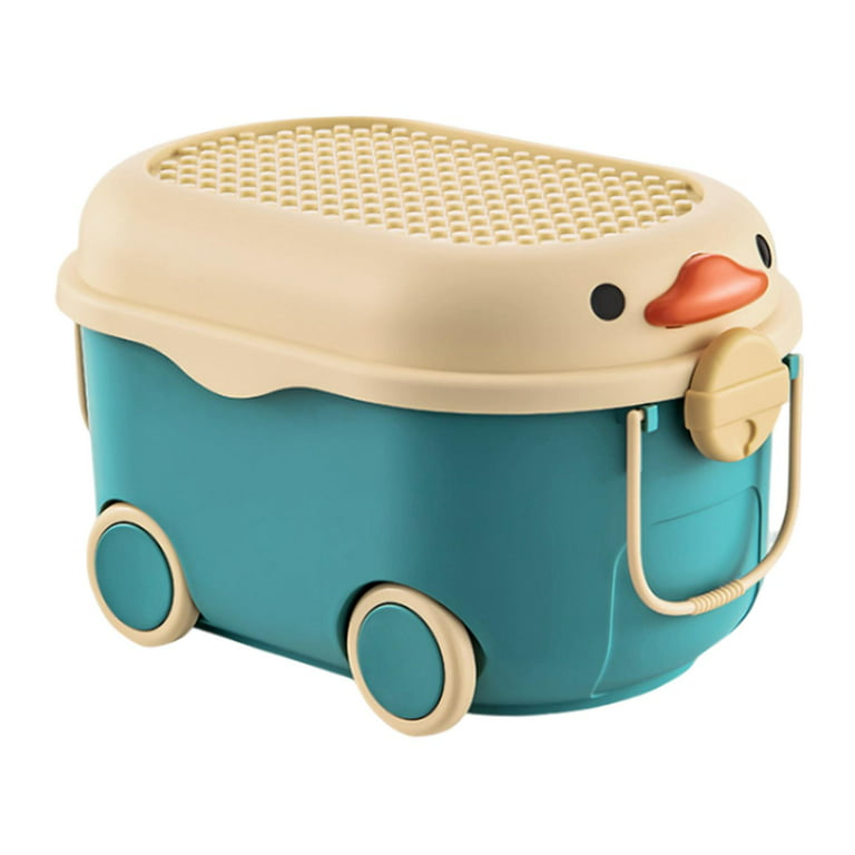 Cartoon Duck Shape Toy Storage Box with Wheels Storage Bin Portable Baby Clothes Storage Case Multipurpose with Handles for Kids Bedroom Blue Middle
