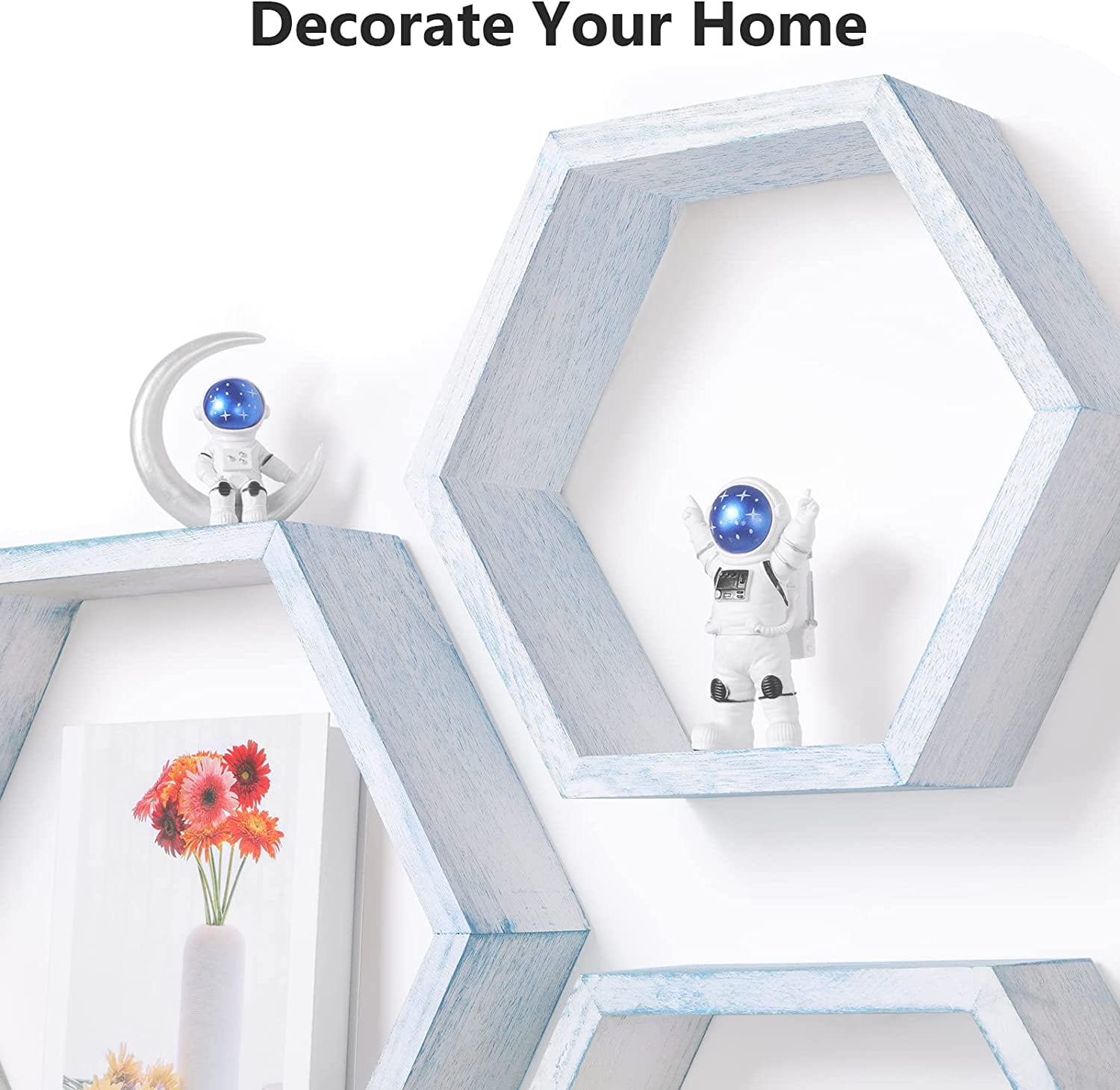 Oumilen 15.7” x 3.9” Blue White Hexagon Floating Shelves, Set of 6