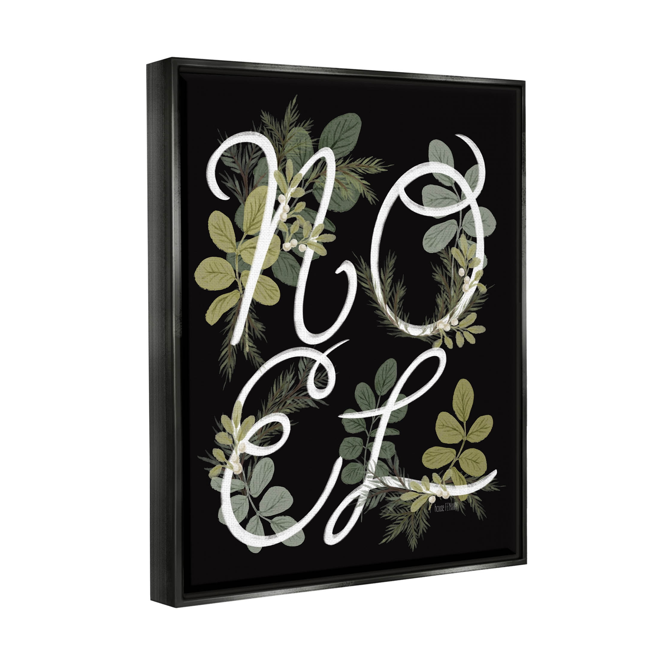 Noel Intertwined Botanical Leaves Holiday Graphic Art Jet Black Framed Art Print Wall Art