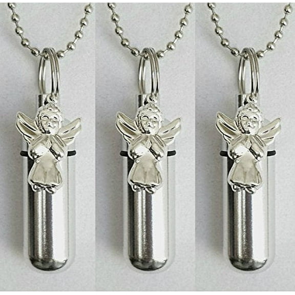 SET of THREE - Praying Angel Personal CREMATION URN Keepsakes with Engraved HEARTS - Includes 3 Velvet Pouches, 3 Ball Chains & Fill Kit