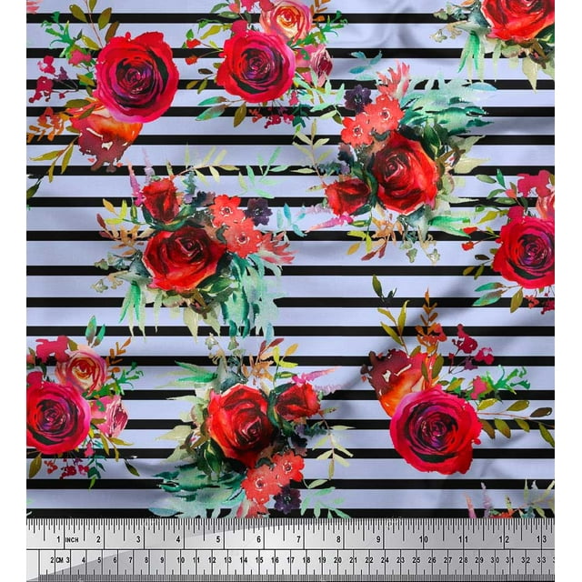 Soimoi Rayon Fabric Leaves & Rose Flower Decor Fabric Printed Yard 42 Inch Wide