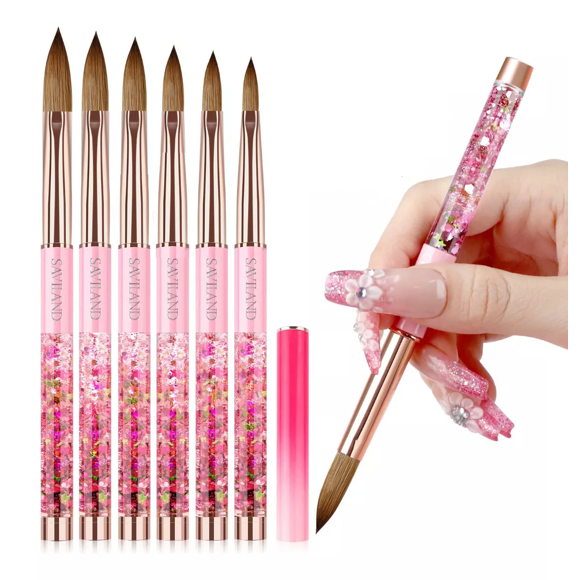 6 Pinceles Acrílico Para Uñas, 6,8,10,12,14,16 ROSA