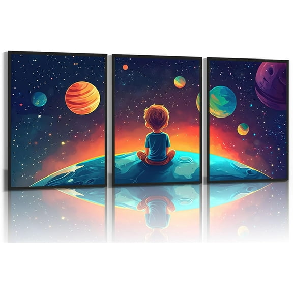 3Pcs Space Boy Wall Art Cute Inspirational Canvas Painting Space Fantasy Wall decor pictures with Planet Pattern posters Prints for Child’s Bedroom Office and Home Decoration