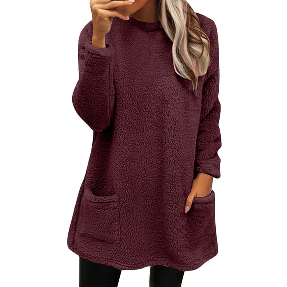 YOTMKGDO Sweaters for Women, Long Sweaters for Women Womens Long Sleeve Shirt Women Fall Womens Winter Coat Loose Wool Jac Crewneck Sweatshirts, Fleece Jacket Women Red XXL