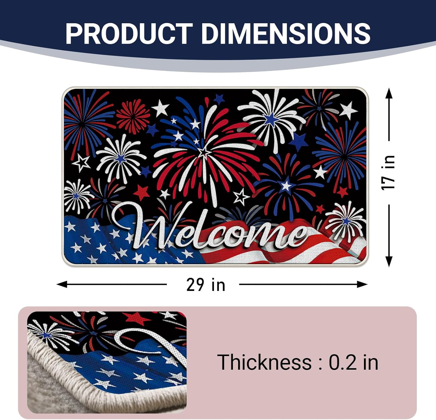 4th of July Patriotic Welcome Front Door Mat, America Fireworks Stars Decorative Doormat Non-Slip Floor Entryway Rug, American USA Indoor Outdoor Home Kitchen Decoration 17x29 Inches