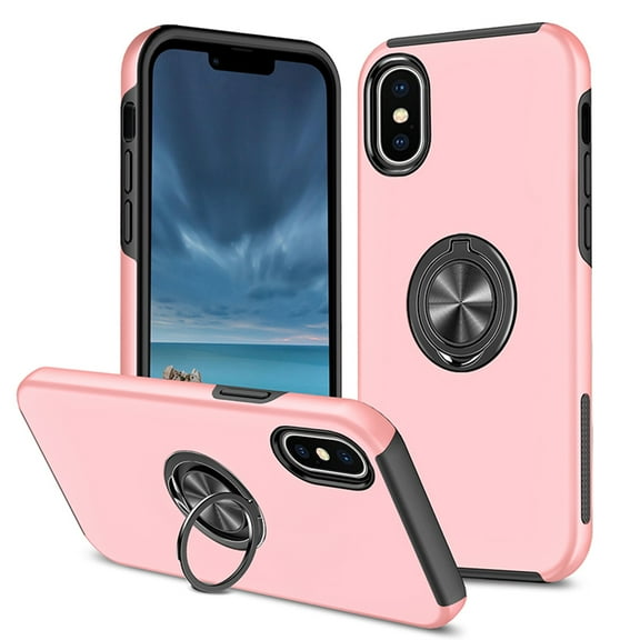 Case for iPhone XS / X,[ Military Grade ] Drop Tested Protection Case with Magnetic Car Mount 360°Rotatable Ring Holder, 2-Layer Rugged Hybrid Hard PC Soft Rubber Cover for iPhone XS / X, Rosegold