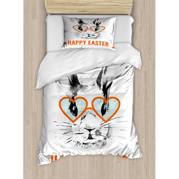 Easter Duvet Cover Set Twin Size, Watercolor Rabbit Illustration with Glasses in Heart Shapes Happy Easter, Decorative 2 Piece Bedding Set with 1 Pillow Sham, Grey Orange Baby Blue, by Ambesonne