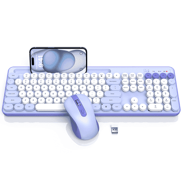 Wagpak Wireless Keyboard and Mouse Set, Purple, New, Retro Keyboard and Mouse Set with Phone Holder - Soft Clicks & Convenient Design for Work and Study