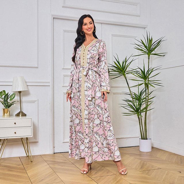Women's Dress Embroidered Robe Elegant and Elegant Temperament Printed Color blocking Soft and Comfortable Temperament Dress (Pink,L)