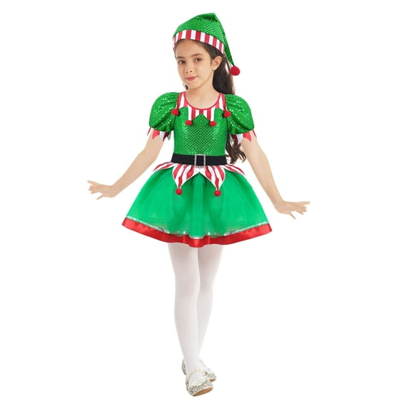 iiniim Girls Christmas Elf Costume Puff Sleeve Dancewear Sequined Tutu Dress with Hat Set Green 2