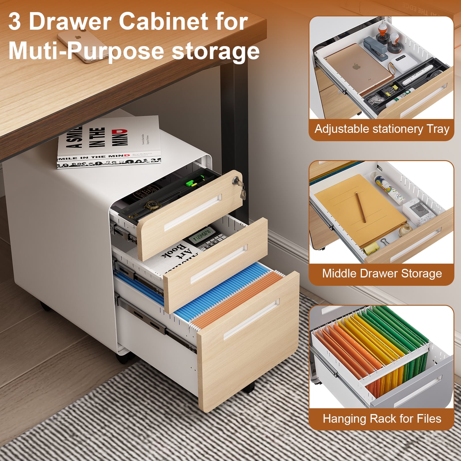 3 Drawer Mobile File Cabinet with Lock,Rolling File Cabinets,Under Desk Small File Caninet on wheels,Metal Vertical Filing Cabnet for Legal/Letter/A4,Fully Assembled