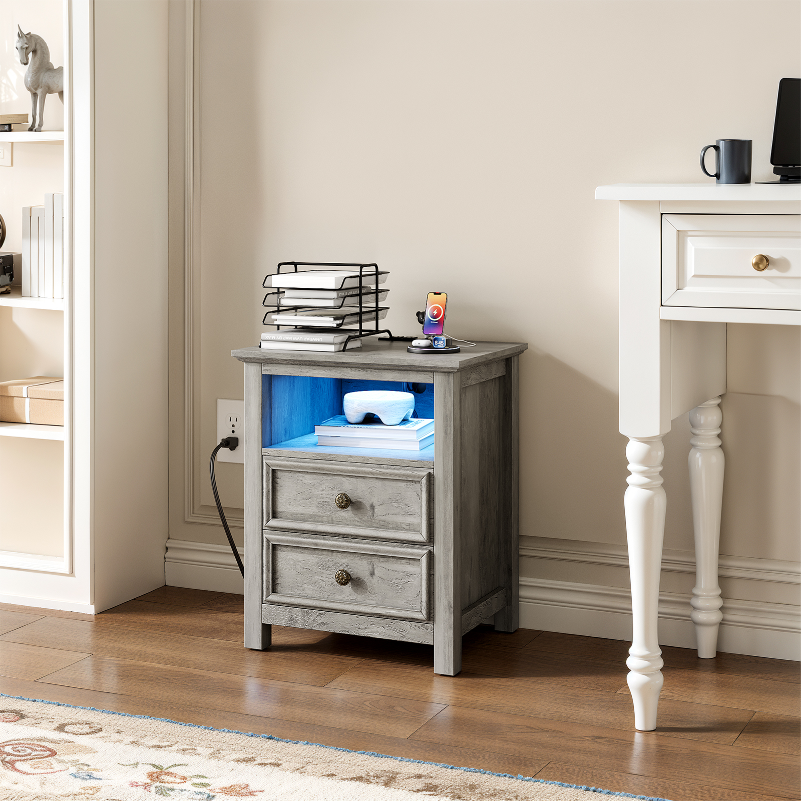 Holliwill 25" Tall Nightstand with Charging Station & LED Lights, Farmhouse Nightstands with 2 Drawers and Open Storage, End Table Bedside Table for Bedroom Living Room, Gray