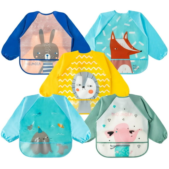 MALLMALL6 5Pcs Long Sleeved Bib for Babies Waterproof polyester Sleeved Bib Unisex Baby Bib