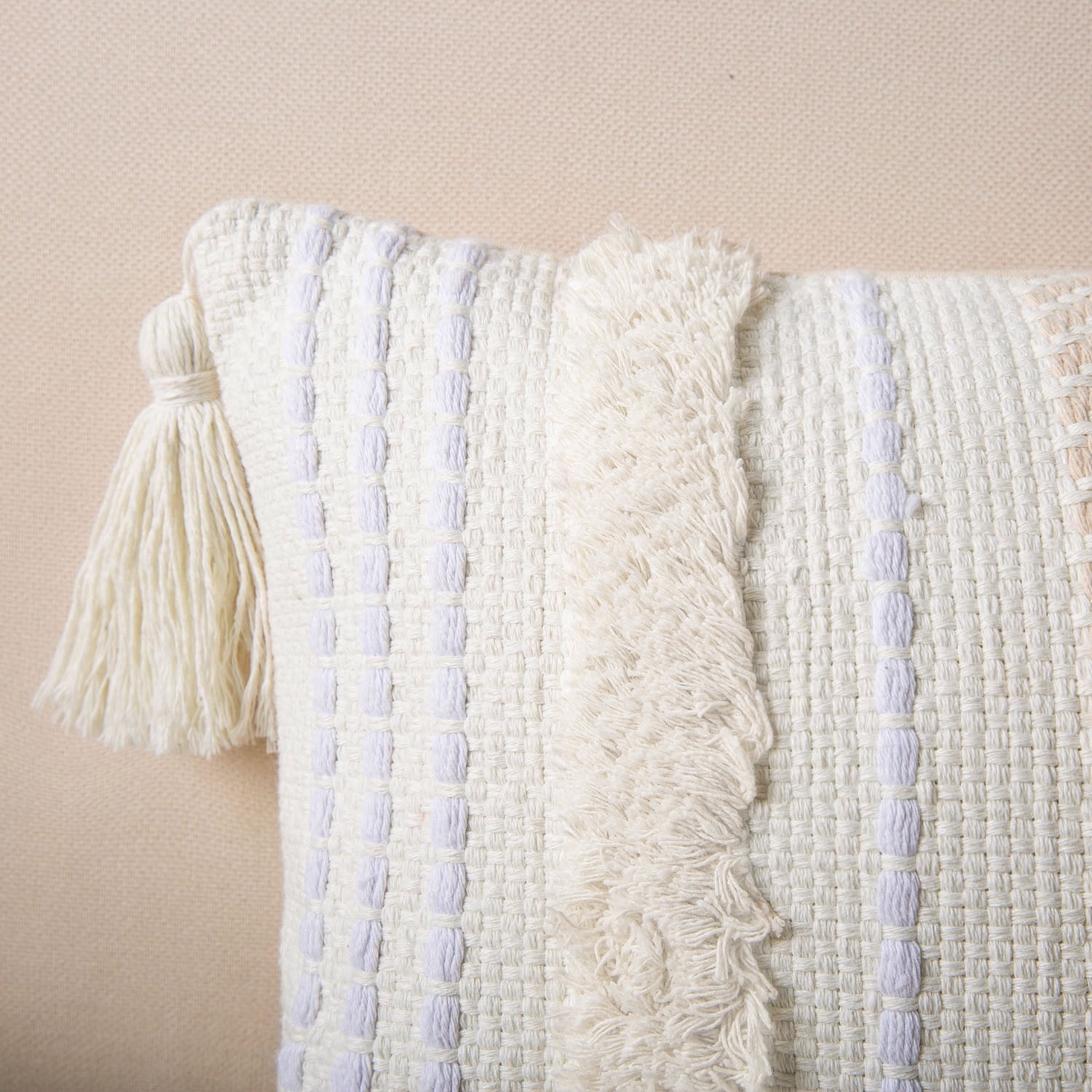 Phantoscope Printed Boho Woven Tufted with Tassel Series Decorative Throw Pillow, 18" x 18", White, 1 Pack