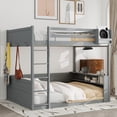 thumbnail image 3 of Harper & Bright Designs Low Bunk Bed Queen over Queen with Storage Shelves, Wood Bunk Bed with USB Charging Station and LED Light, Grey, 3 of 11