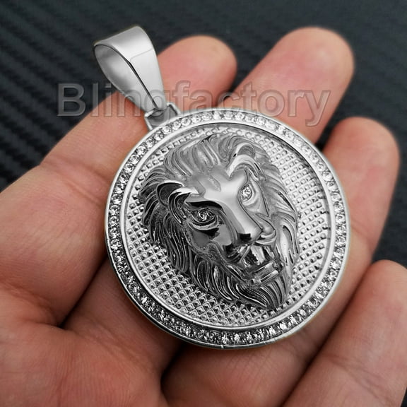 HIP HOP ICED STAINLESS STEEL CUBIC ZIRCONIA LION HEAD MEDALLION CHARM PENDANT