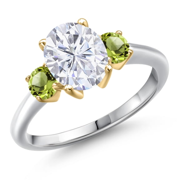 Gem Stone King 10K Two Tone Gold White Moissanite and Green Peridot Engagement Ring for Women | 2.70 Cttw | Oval 9X7MM | Gemstone Birthstone | Size 7