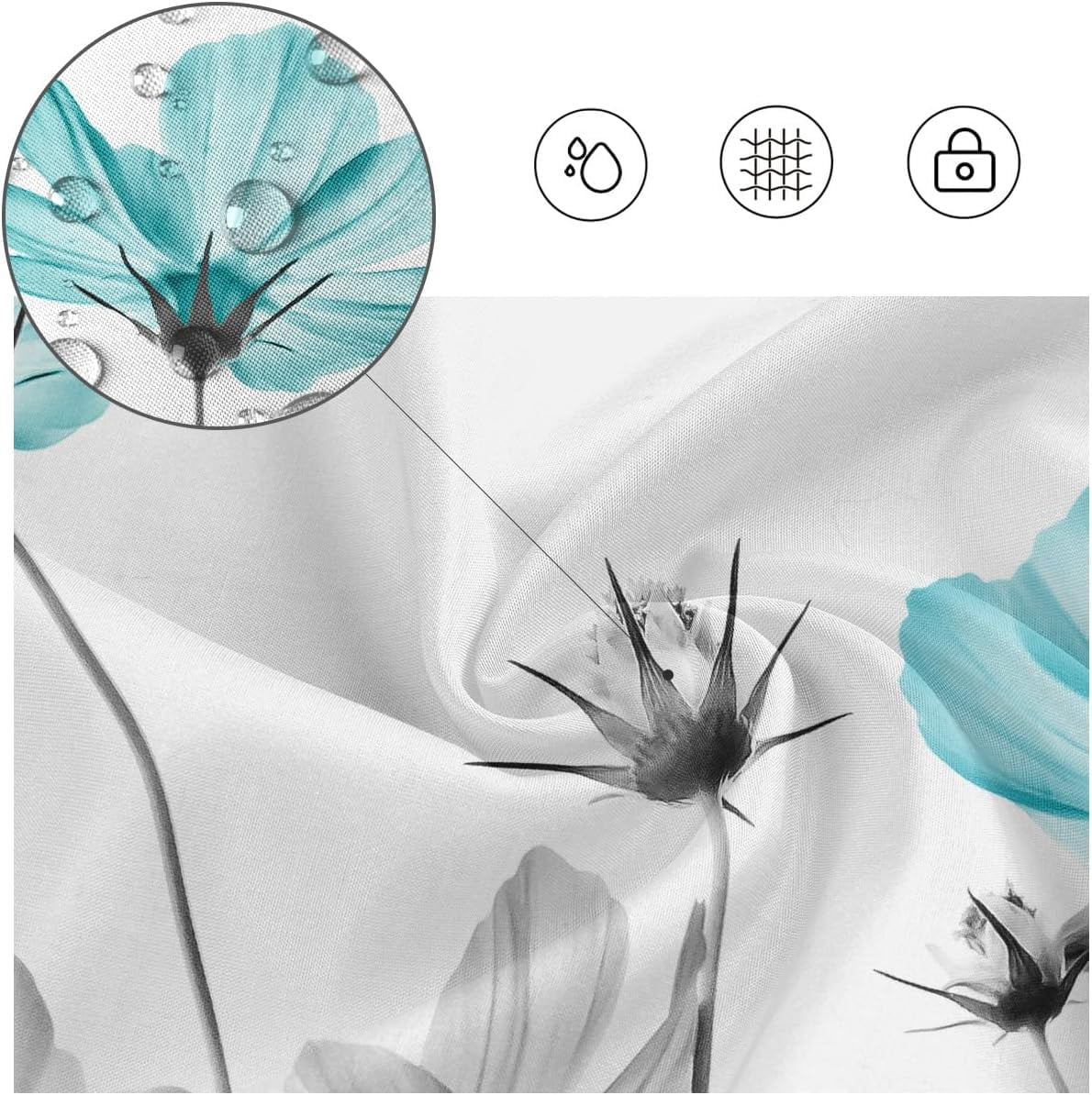 Teal Gray Floral Shower Curtain 72''''W x 72''''L Daisy Elegant Flower Grey Cute Wildflower Botanical Bathroom Curtains Accessories Polyester Fabric Waterproof 12 Pack Hooks