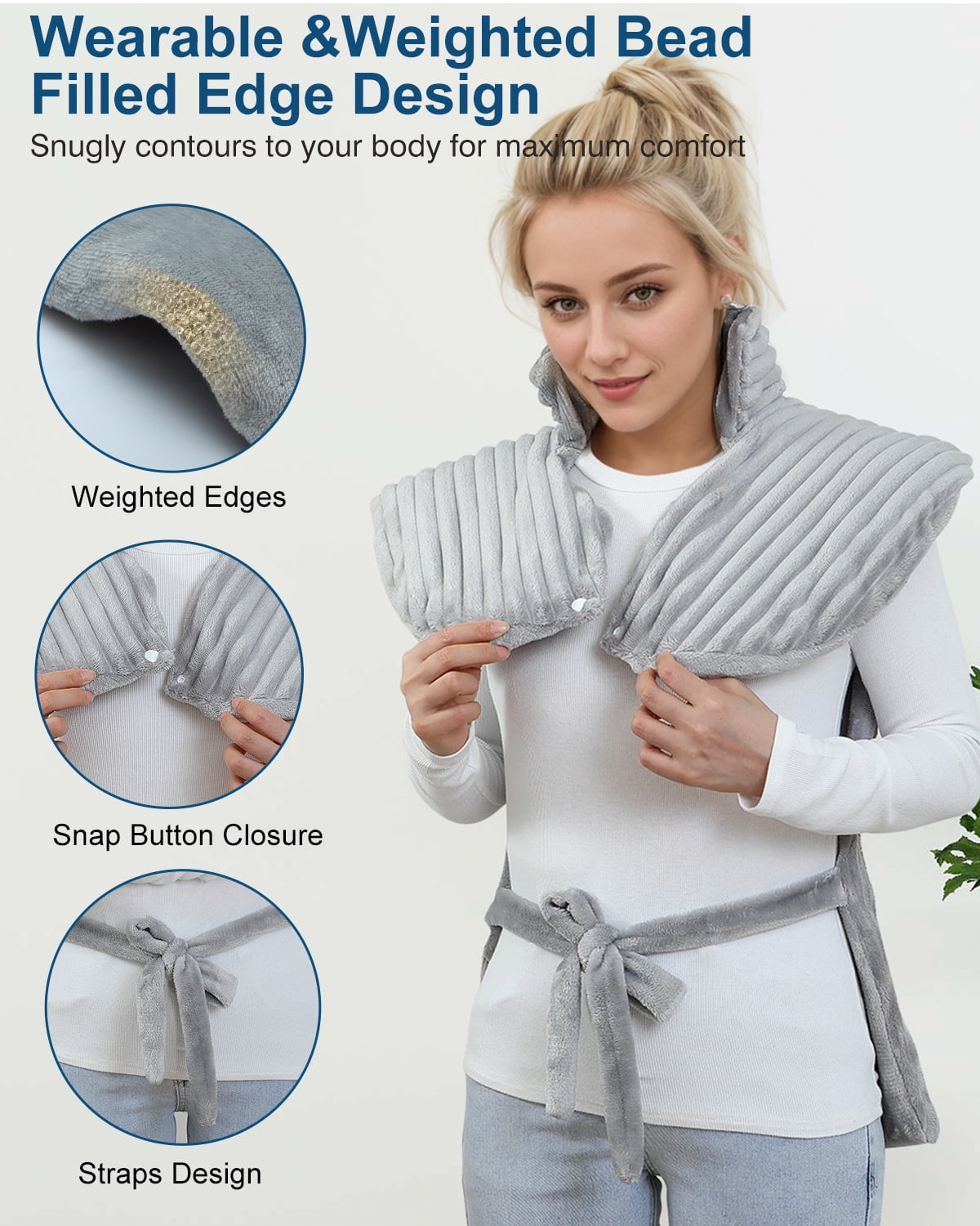Massaging Heating Pad for Neck and Shoulders,Wearable Heating Pads for Back Pain Relief,Auto-Shut Off, 2 Heat Settings Heating Pad Wrap with Massager,Machine Washable,24 x35inch Grey