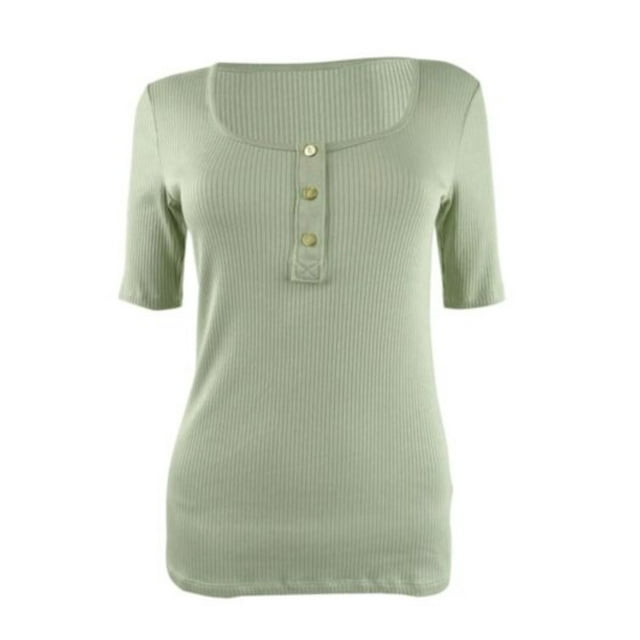 RALPH LAUREN T-Shirt Henley Côtelé Vert à Manches Courtes à Encolure Dégagée pour Femmes m