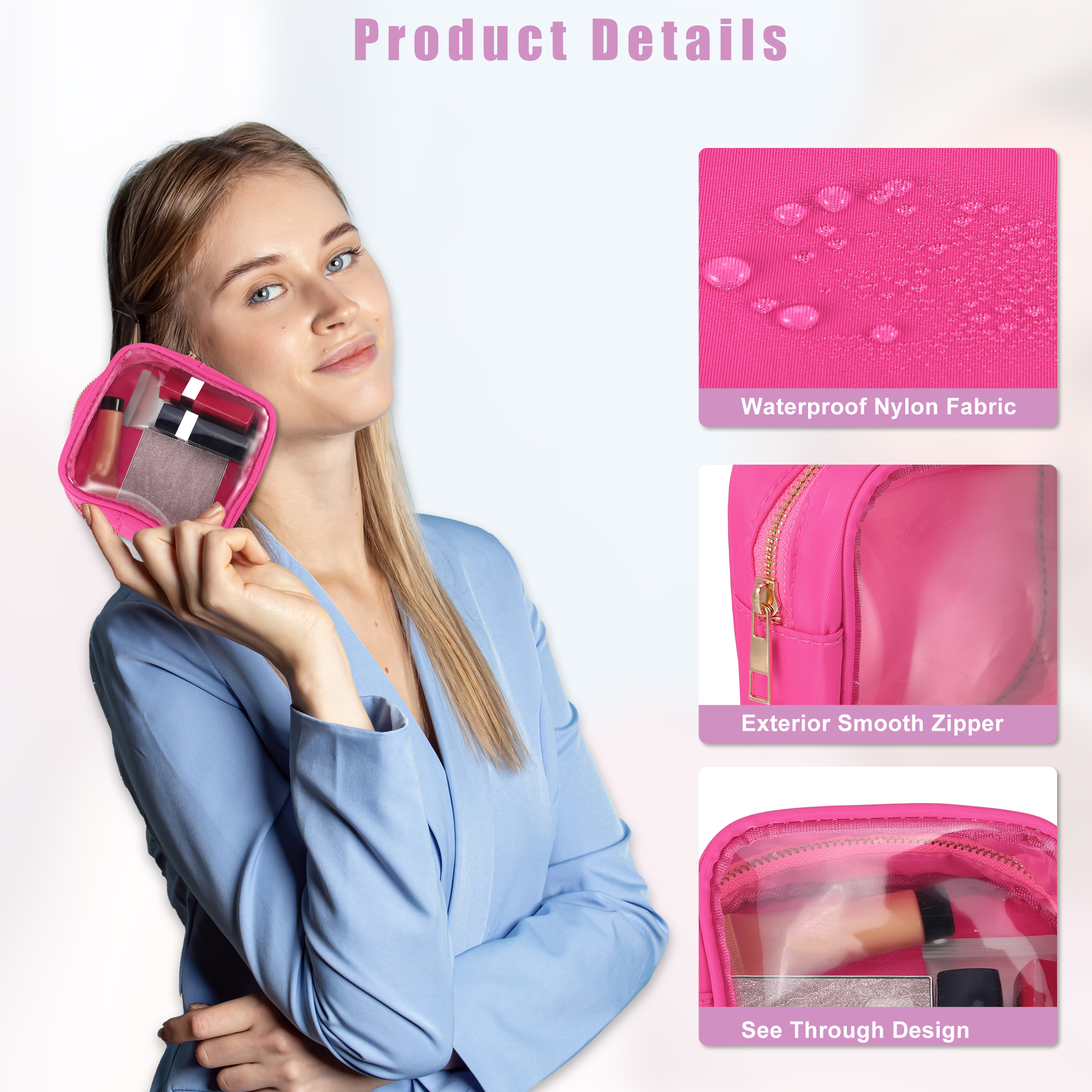 Unique Bargains 1Pc Clear Mini Waterproof Storage Makeup Bag Transparent Rose Red