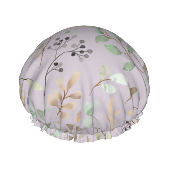 YFYANG Women's Double Waterproof Shower Cap, Grey Watercolor Plant Leaves Reusable Hair Cap for All Hair Styles and Head Sizes