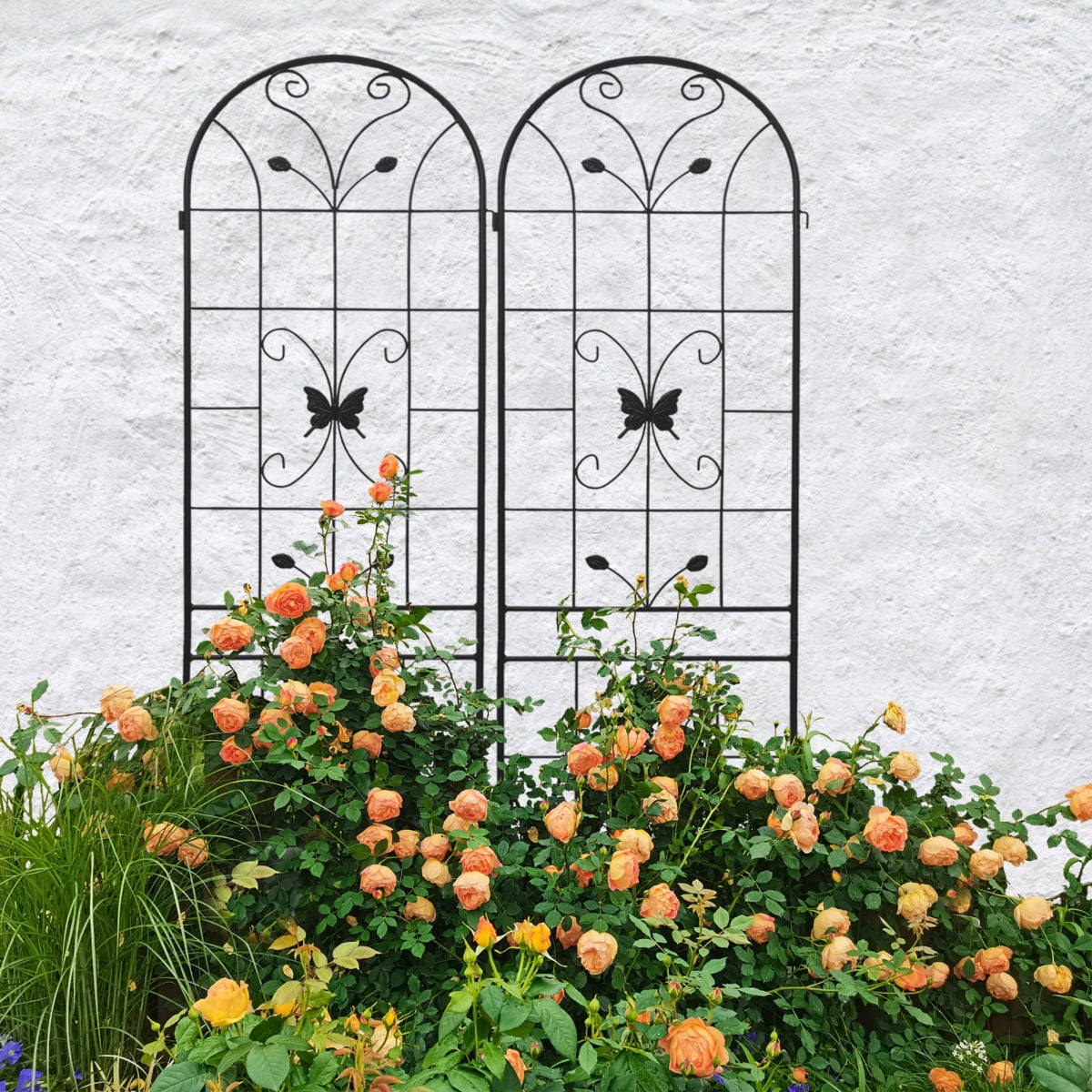 4 Pack 86.7" Tall Metal Garden Trellis for Climbing Plants, Rustproof Powder Coated Outdoor Plant Support with Decorative Leaf and Bird Design, Black, Flower Trellis for Roses, Ivy, Cucumbers