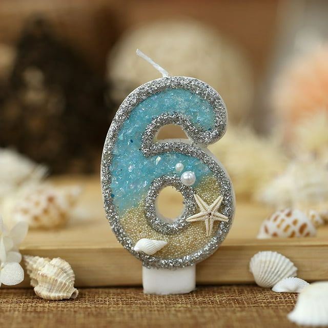 Velas digitales con purpurina, decoración de pastel de cumpleaños, estrella de mar, playa, verano, 0-9, decoración de pastel de fiesta temática con el océano, 1 ud.,6