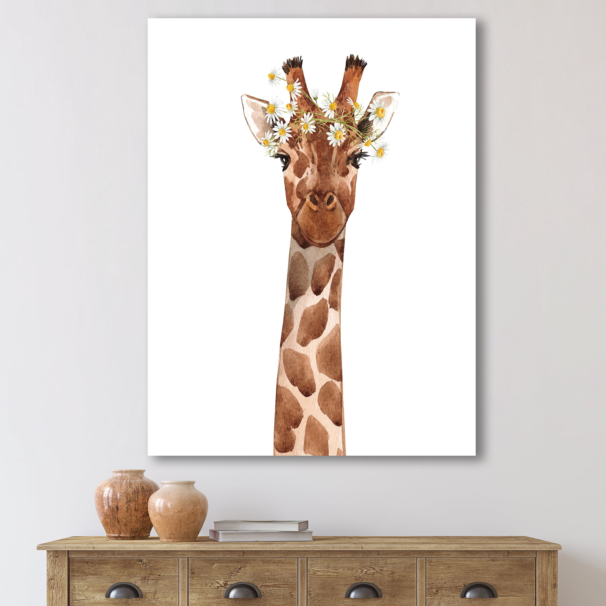 Designart ' Portrait of A Giraffe With White Flowers ' Farmhouse Canvas Wall Art Print