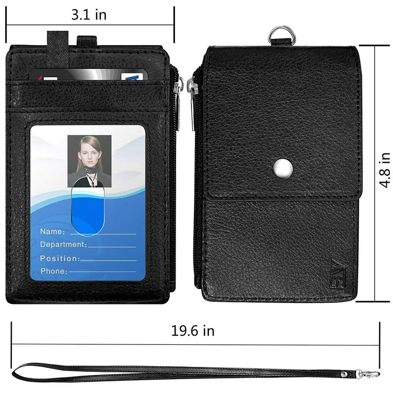 ELV Badge Holder with Zipper, PU Leather ID Badge Card Holder Wallet with 5 Card Slots, 1 Side RFID Blocking Pocket and 20 inch Neck Lanyard Strap