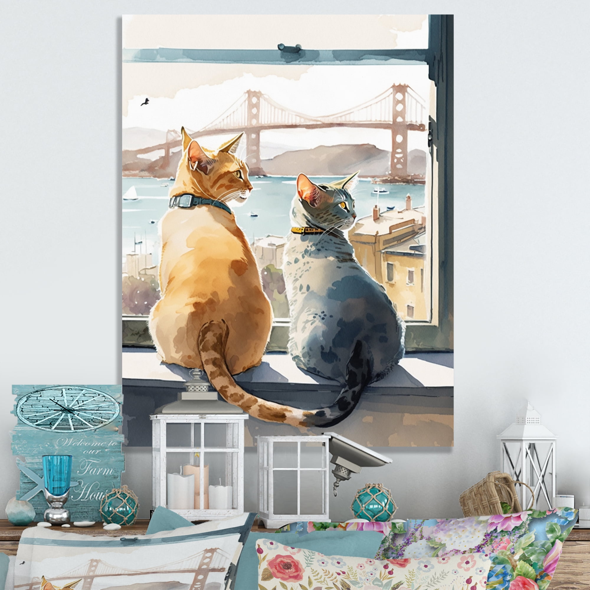 Designart Two Cats Sitting By The Coast I Canvas Wall Art
