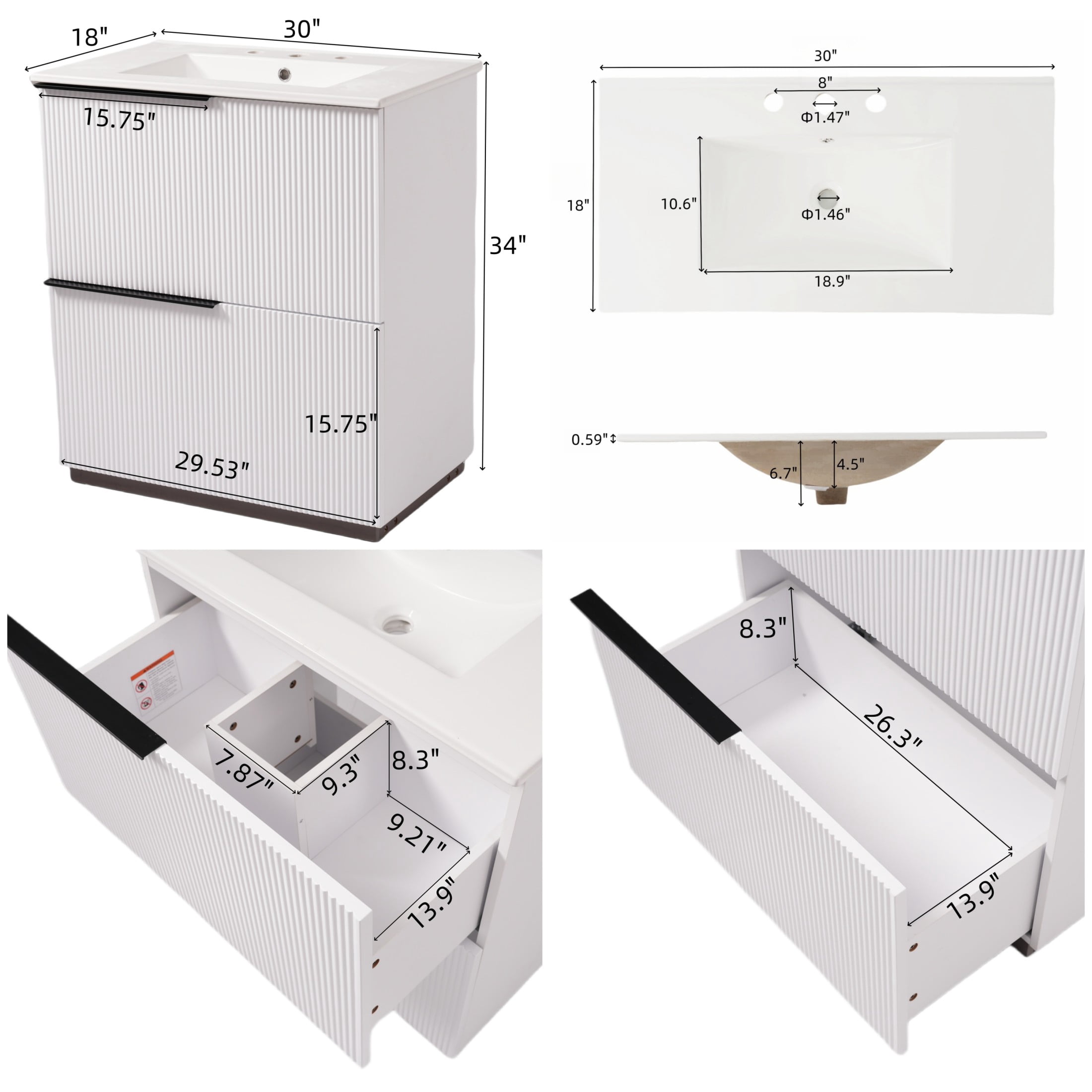 Christopher Knight Home 30" Bathroom Vanity with Ceramic Sink and Soft Close Drawers, Fluted Design, White